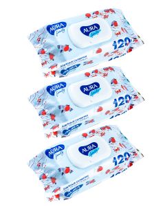 Buy Aura Family wet wipes for the whole family with antibacterial effect with lid 120 pcs (set of three packs) | Florida Online Pharmacy | https://florida.buy-pharm.com