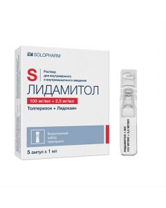 Tolperisone, lidocaine - Lidamitol solution for iv and iv injected. 100 mg / ml + 2.5 mg / ml 1 ml 5 pcs. florida Pharmacy Online - florida.buy-pharm.com