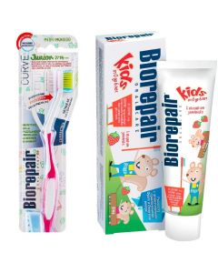 Buy Toothpaste Biorepair Kids for children with strawberry extract, 50 ml + Toothbrush Biorepair CURVE Junior for children, pink SET | Florida Online Pharmacy | https://florida.buy-pharm.com