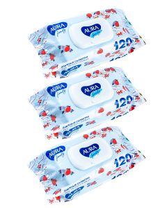 Buy Aura Family wet wipes for the whole family with antibacterial effect with lid 120 pcs (set of three packs) | Florida Online Pharmacy | https://florida.buy-pharm.com