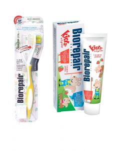 Buy Toothpaste Biorepair Kids for children with extract strawberries, 50 ml + Biorepair CURVE Junior Toothbrush for children, yellow SET | Florida Online Pharmacy | https://florida.buy-pharm.com